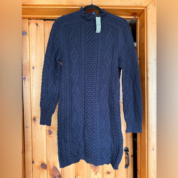 NWT J Crew Cable Knit Mini Sweater Dress Navy Blue BN154 Lambs Wool Blend Ruffle - Picture 3 of 10